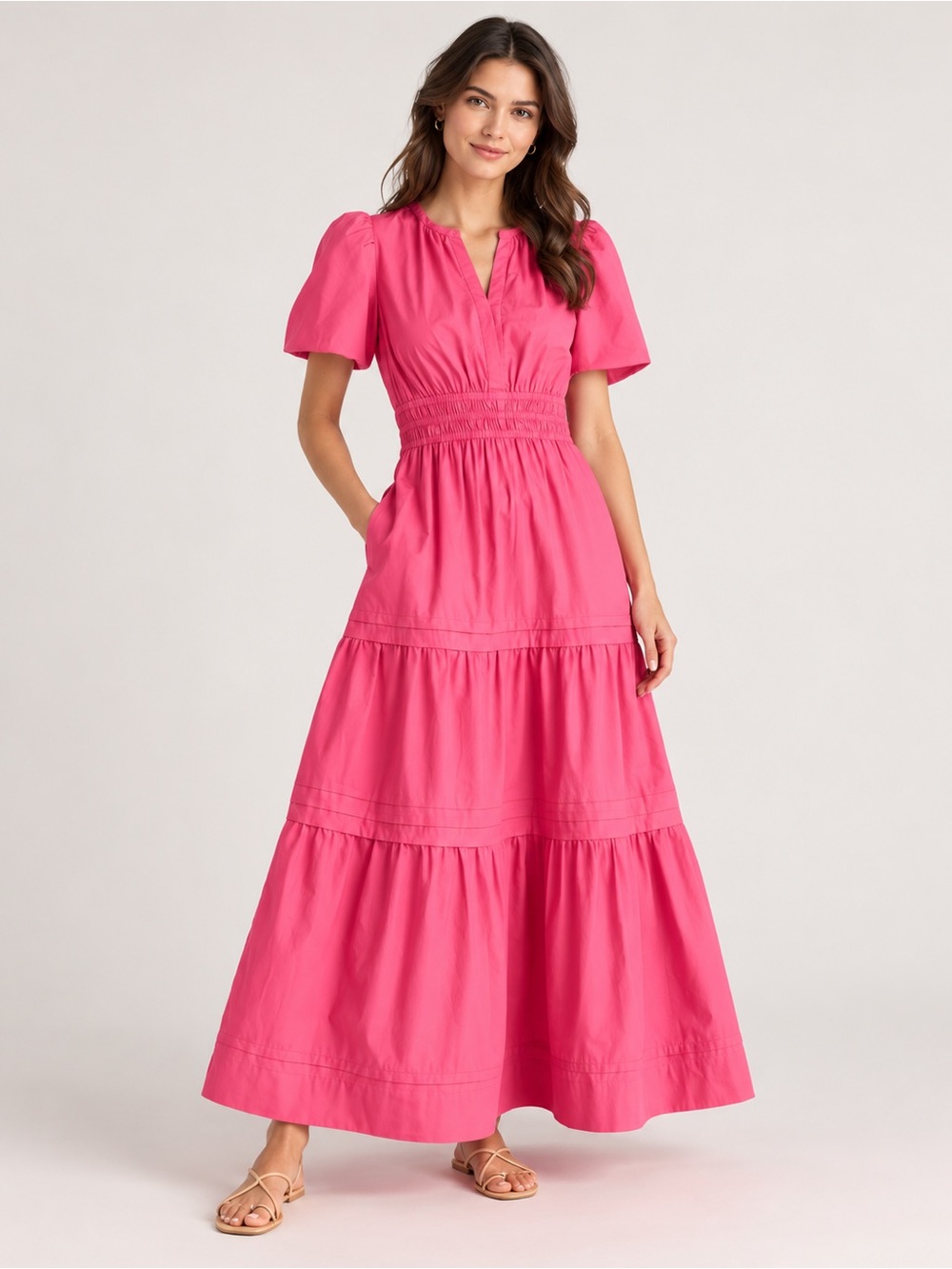 Quince Organic Cotton Poplin Tiered Maxi Dress Vibrant Pink Size XL